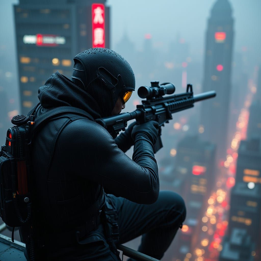 Cyberpunk Sniper Overlooking Neon Cityscape