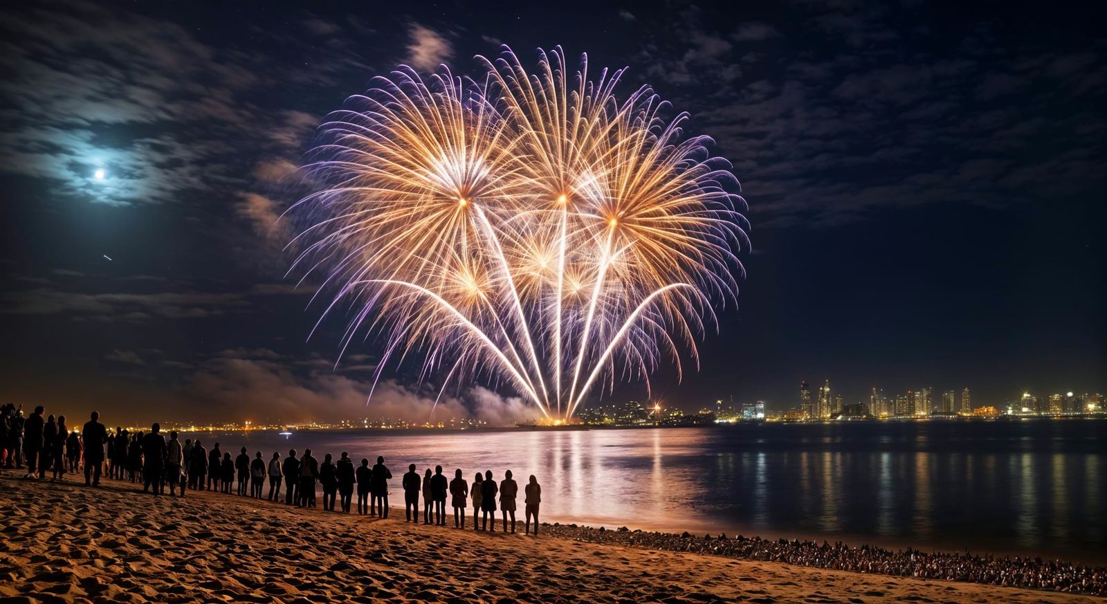 Fireworks Display Over Moonlit Shoreline