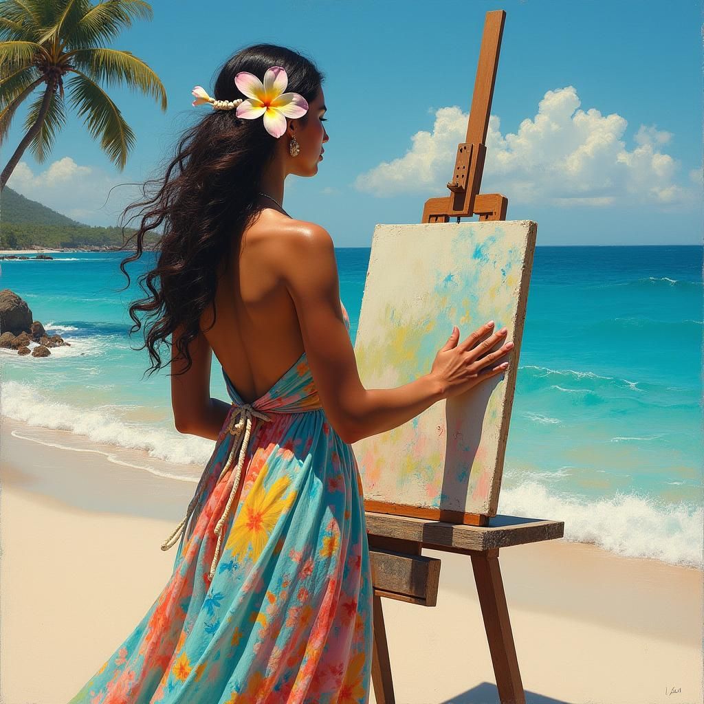 Tahitian Woman in Beachside Studio, Gauguin Style