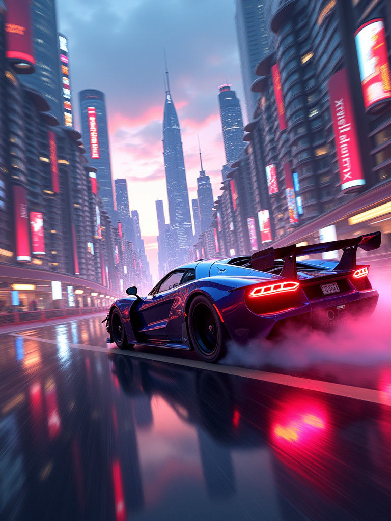 Neon Racing Car in Futuristic Cityscape