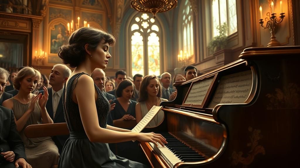 Preacher Plays Piano in 1920s Church, Atmospheric Oil Painti...