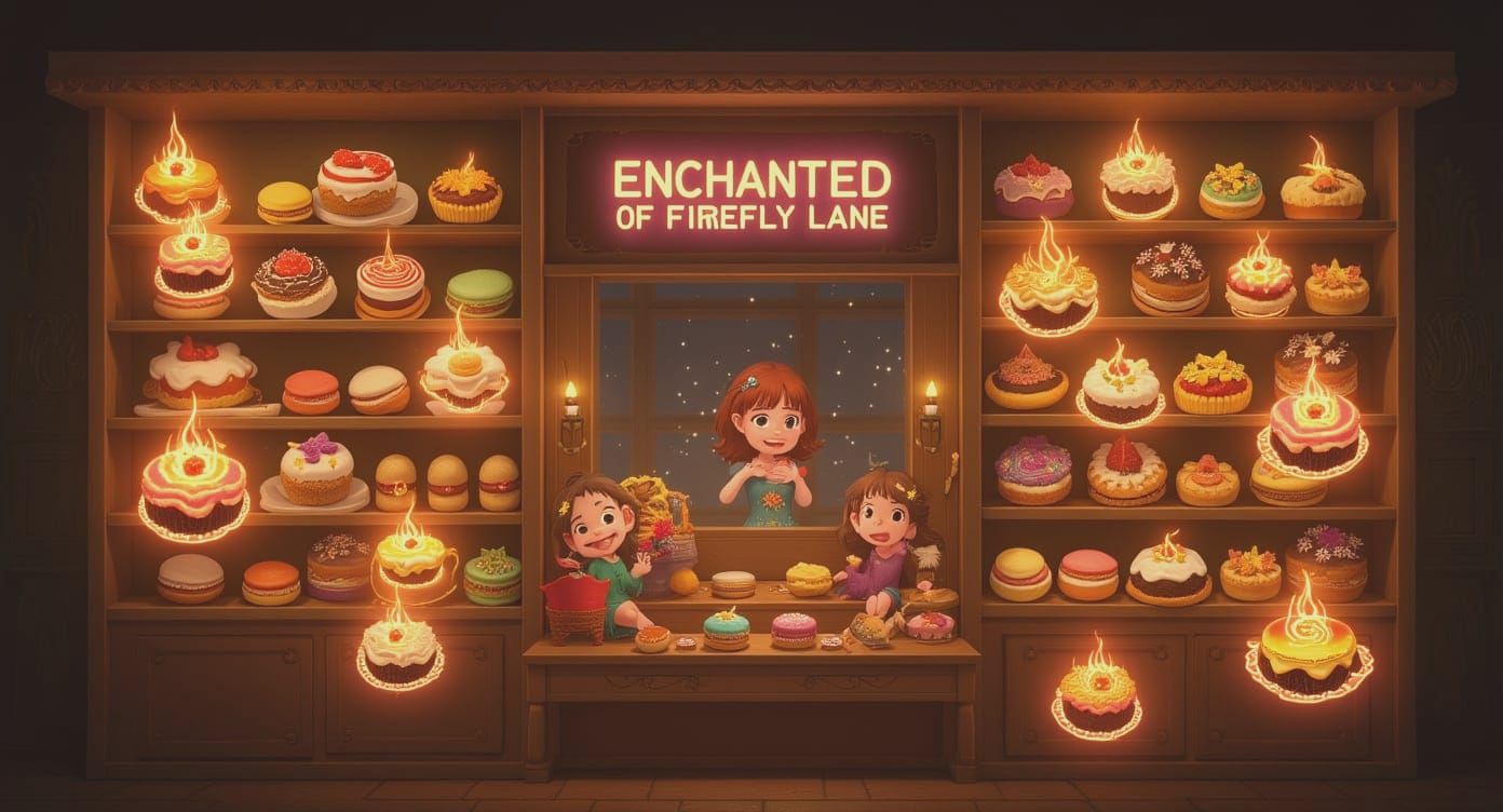 Enchanted Patisserie with Glowing Sprites and Magical Desser...