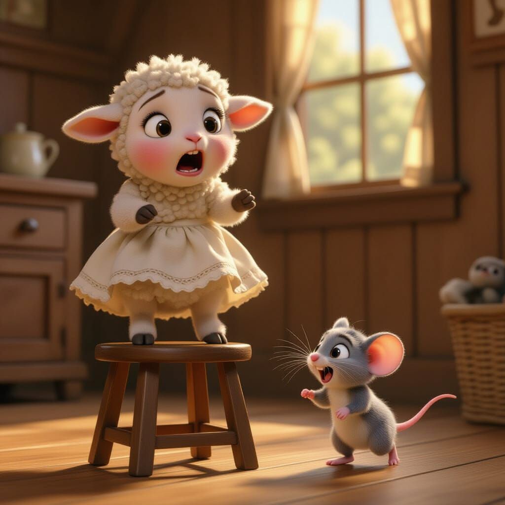 Lamb's Cartoonish Terror of Mouse in Pixar Style