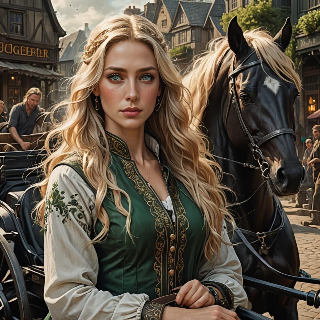Blonde Woman with Horse Cart: Fantasy Concept Art