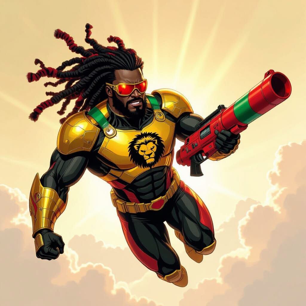 Dynamic African-American Superhero Flies Through Golden Sky
