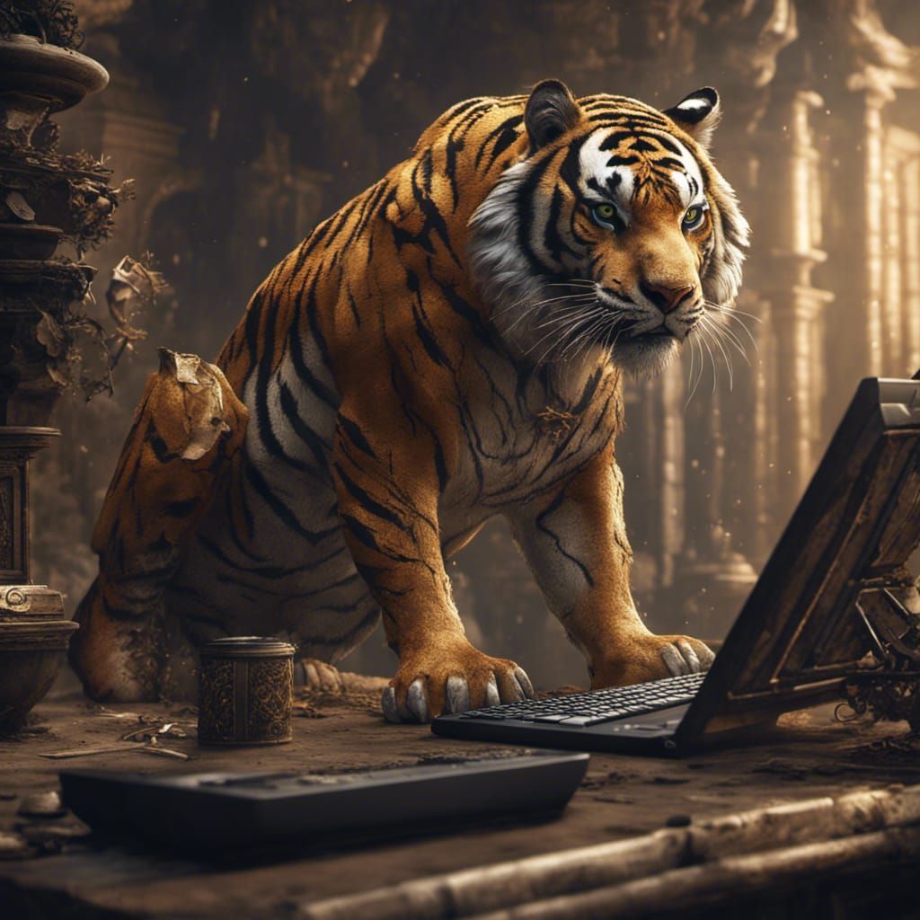 Tiger Using Computer in Detailed Fantasy Art