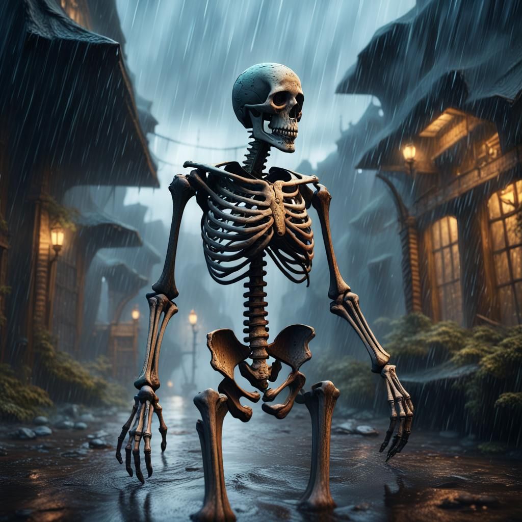 Detailed Matte Painting of Skeleton in Rain
