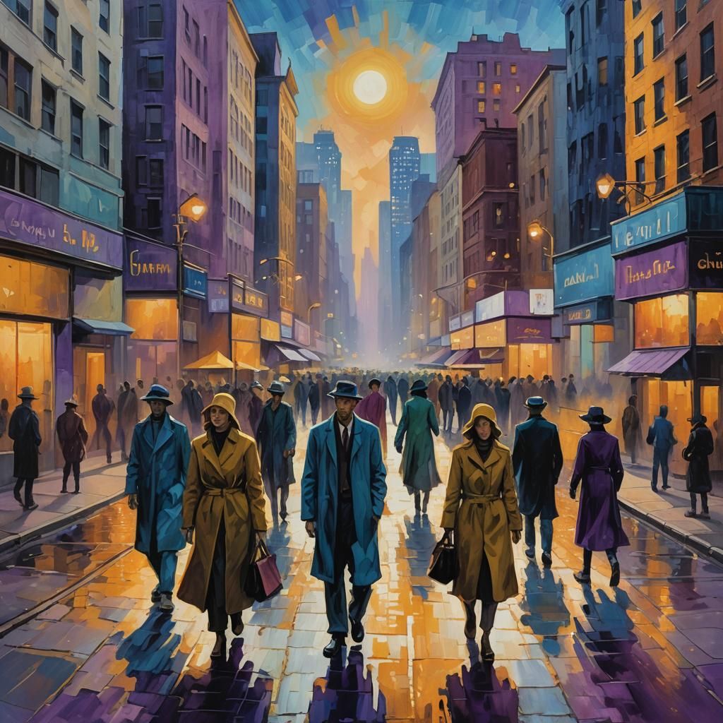 Ghostly Figures Blend in Modern City, Van Gogh Style