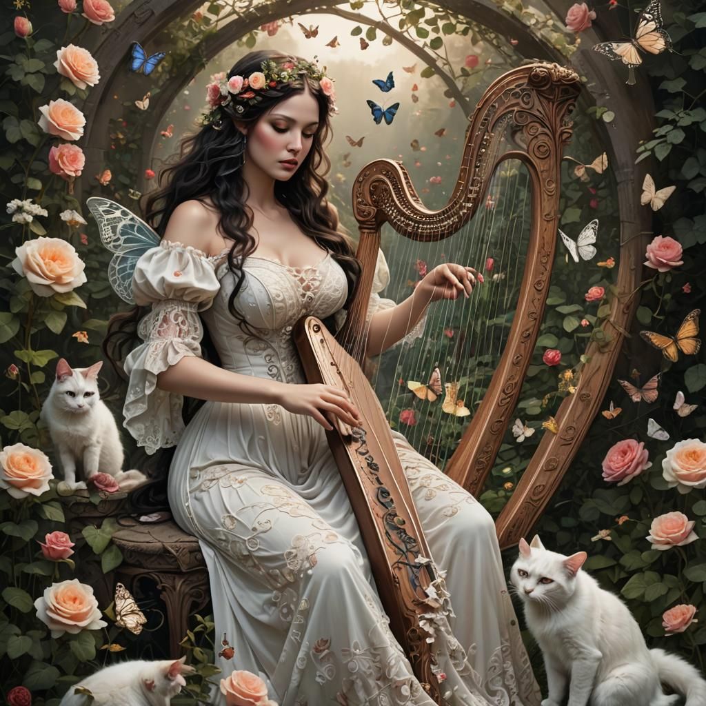 Gothic Fairy Playing Harp in Rose Garden