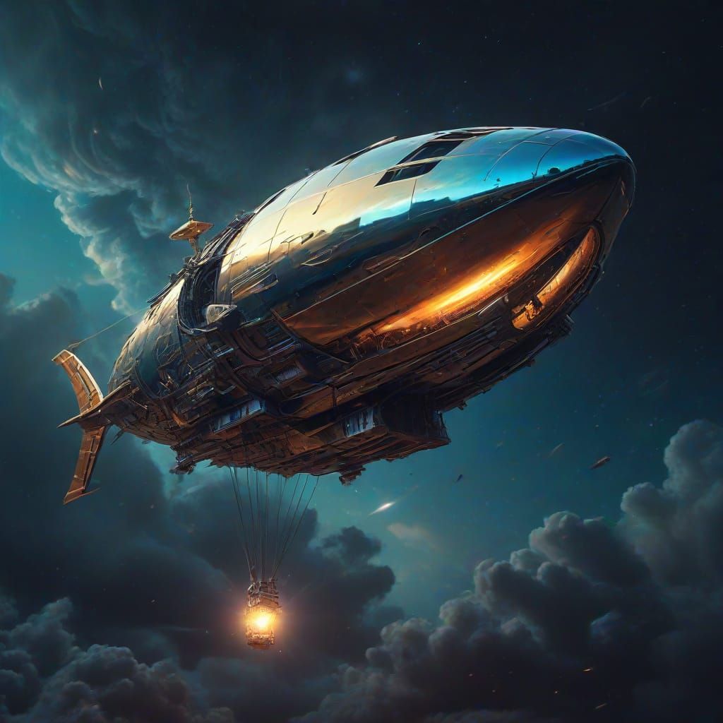 Surreal Chrome Airship Hybrid Spaceship in Dark Nebula