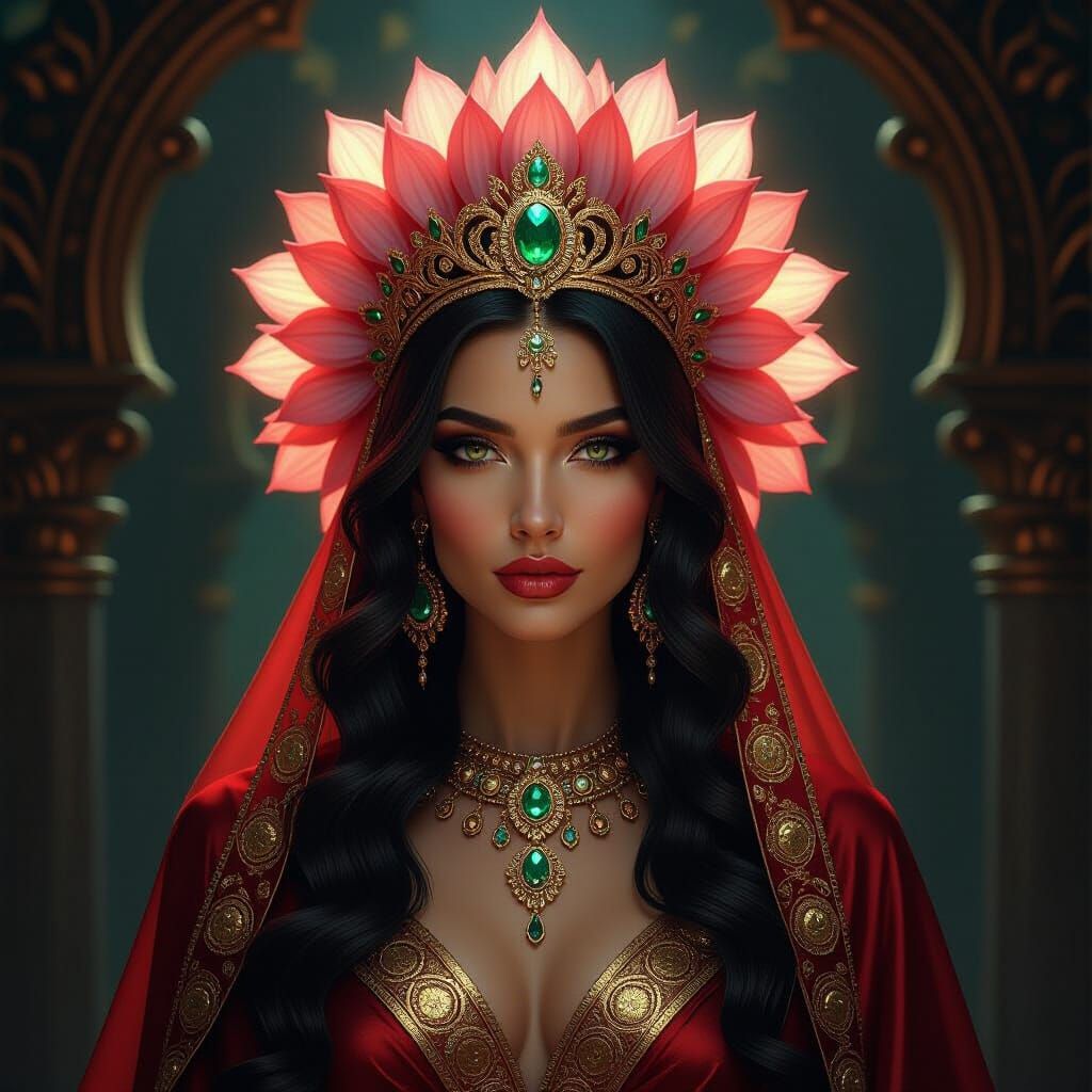 Realistic, drawing, cobra eyed Oracle wrapped in jewel siks,...