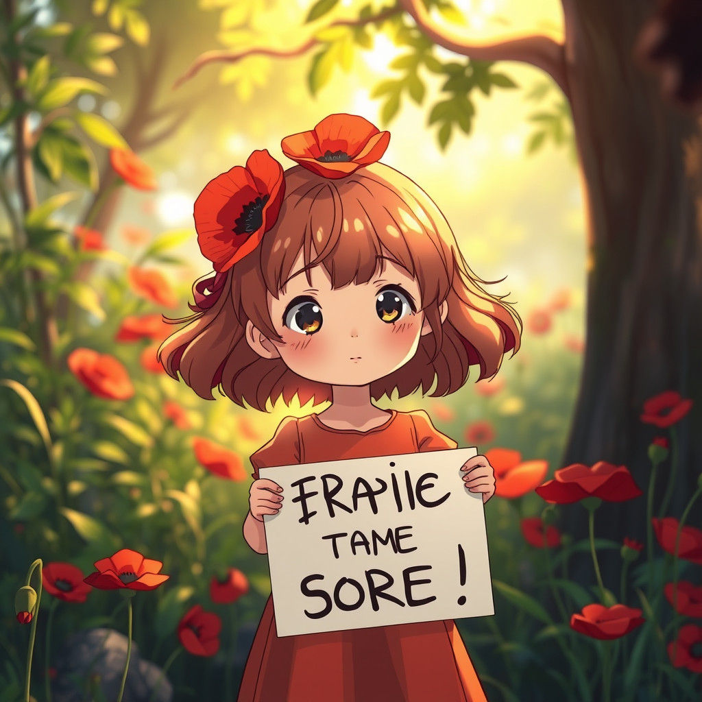 Red Poppy Girl Protesting in Anime Style