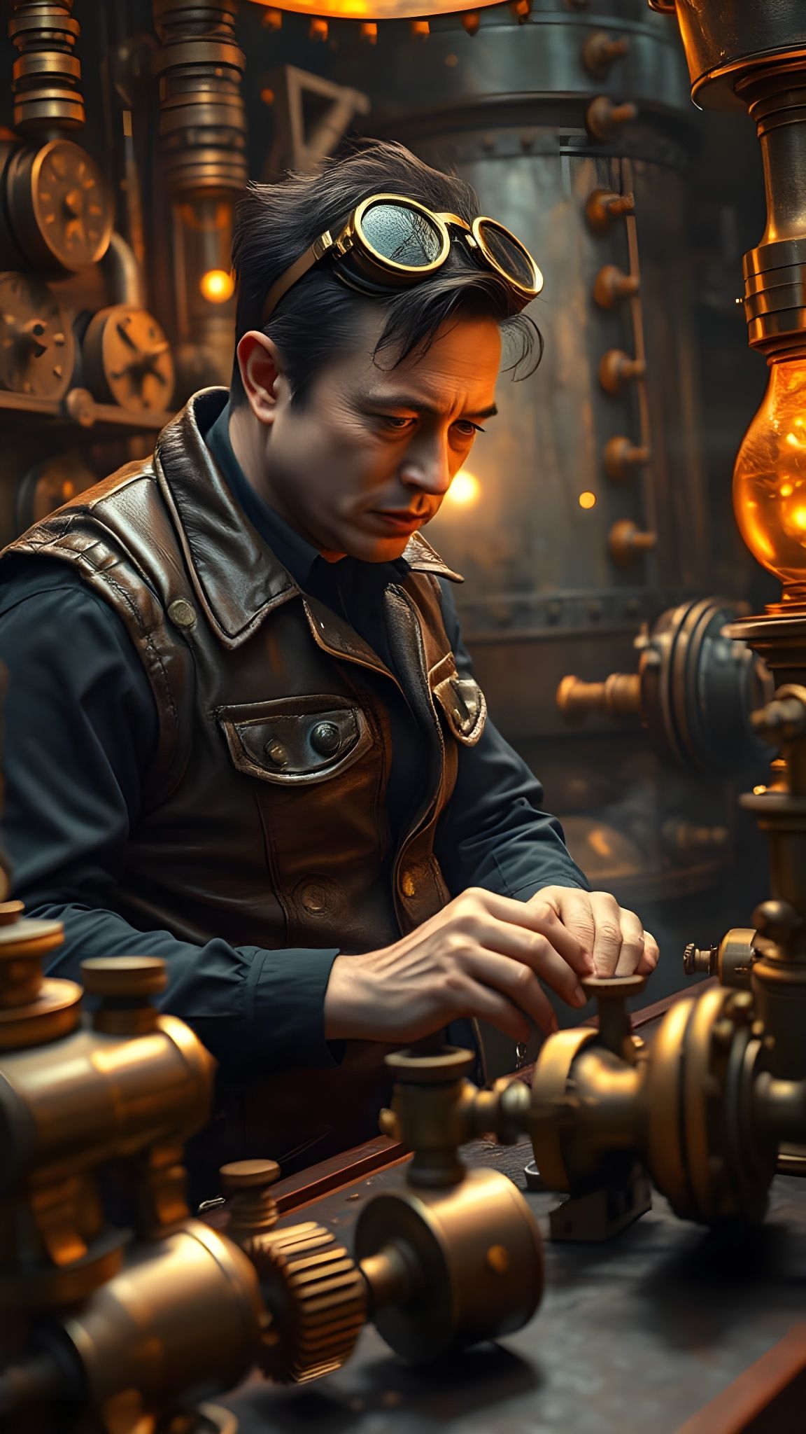 Visionary Inventor at Work in a Fantastical Factory