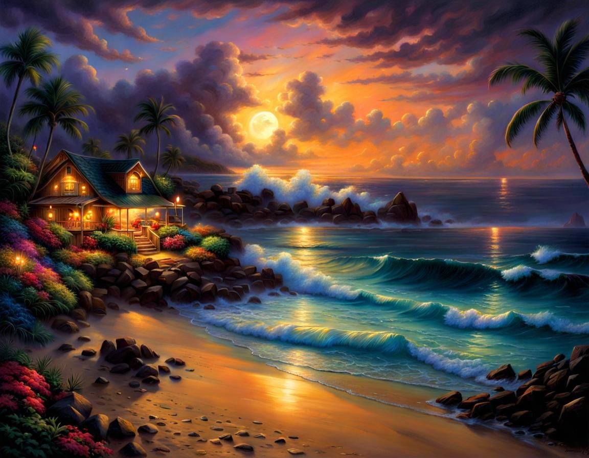 Stunning Hawaiian Beach Night in Baroque Romanticism Style