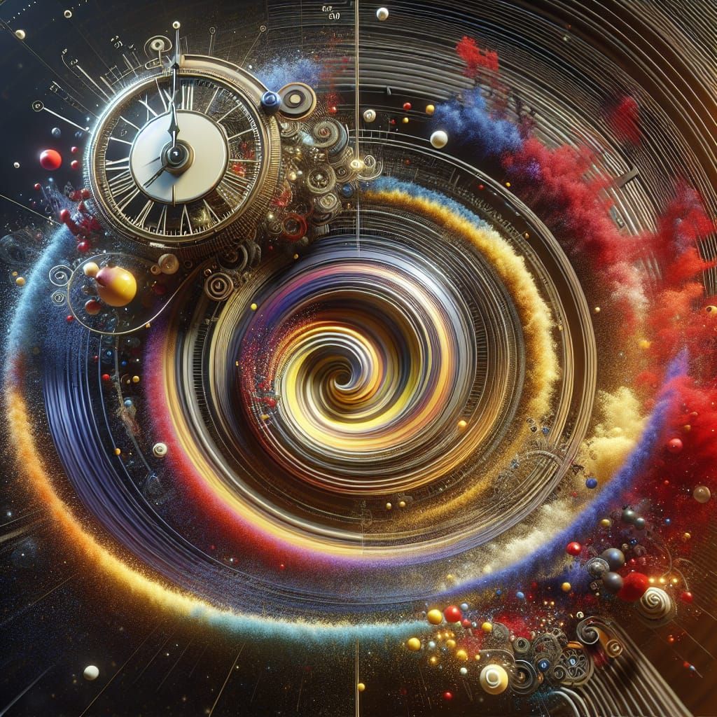 Hyperrealistic Spiraling Clock in Colorful Circle