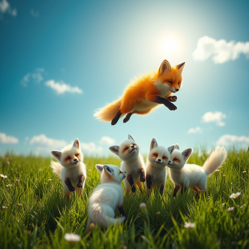 Whimsical Baby Foxes Leaping in a Sun-drenched Meadow