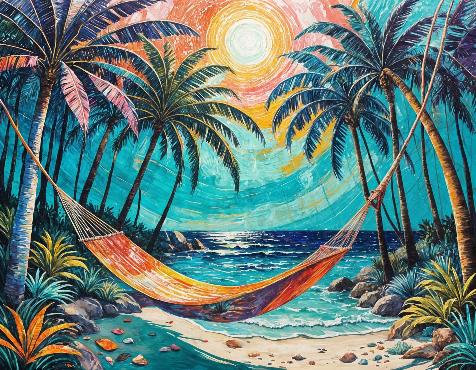 Semi-Abstract Beach Scene with Vibrant Colours and Warm Glow