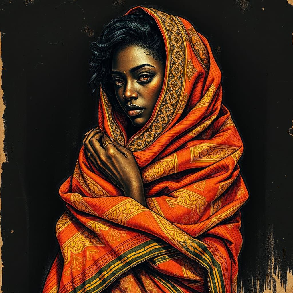 Majestic Woman in Golden Shawl, Cosmic Sketch