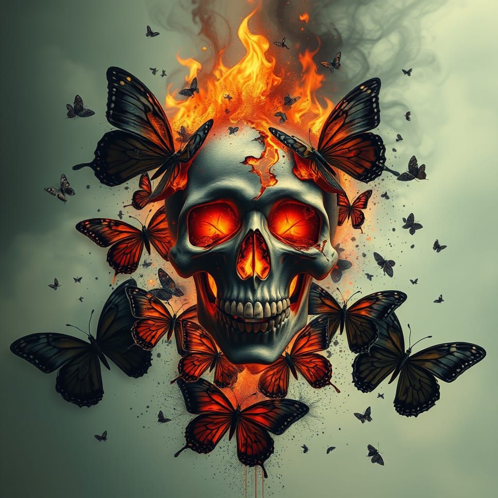 Sugar Skull Shatters into Flames with Distressed Butterflies