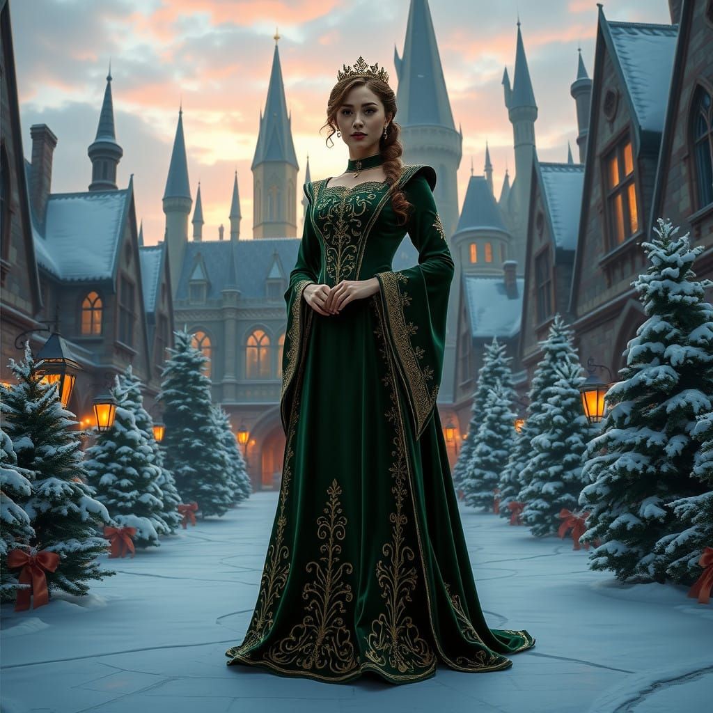 Elegant Hogwarts Professor in Emerald Green Velvet Gown