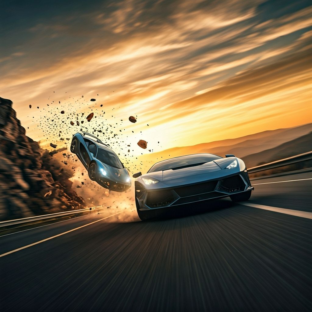Exotic Sports Cars Race Cliffside at Sunset