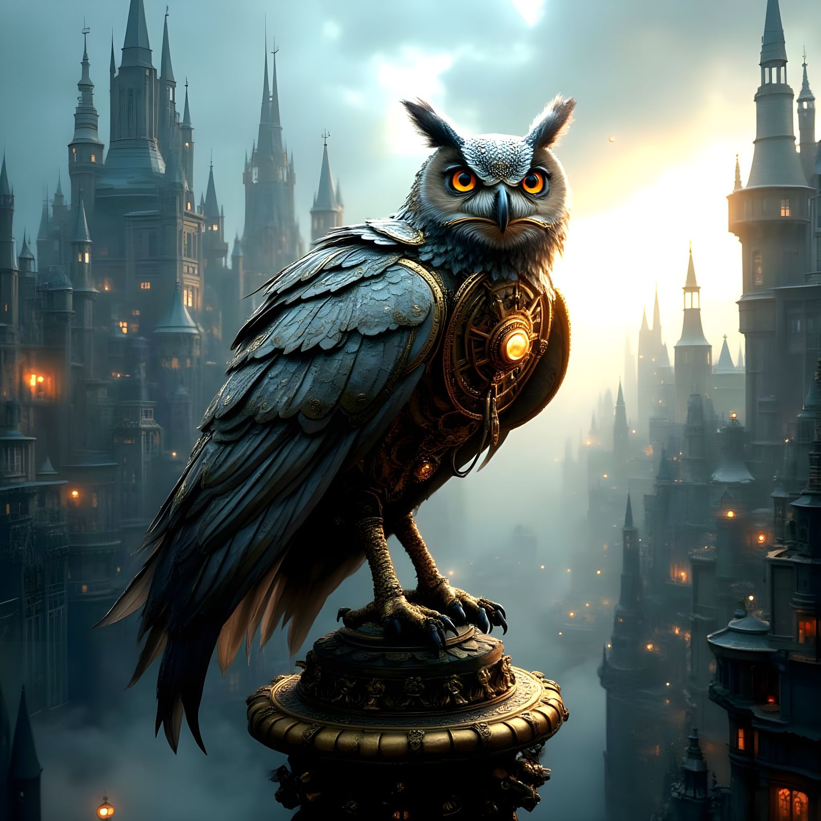 Steampunk Owl with Metallic Feathers on Pedestal