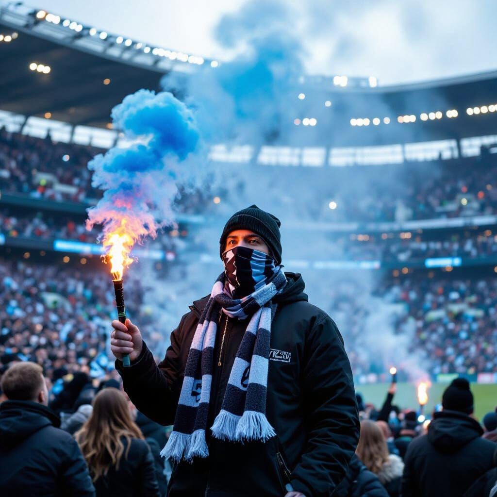 Ultra Football Fan with Blue Flare in Stadium