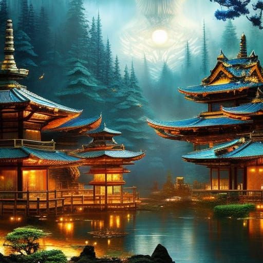 Clockpunk Bonsai Village at Night in Digital Art Style