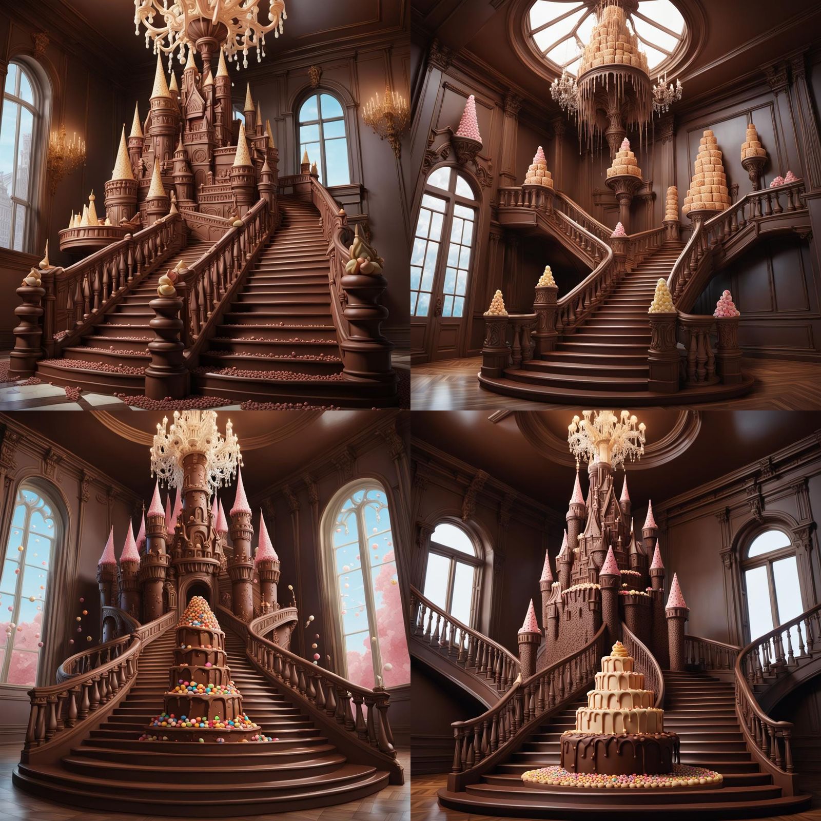 Hyperrealistic Chocolate Castle Interior with Candy Chandeli...