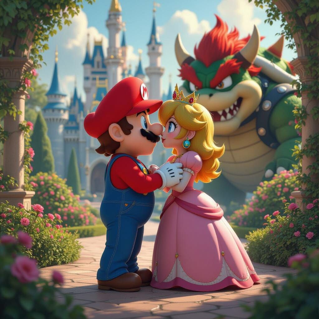 Mario Kisses Princess Peach in Fantasy Art Style