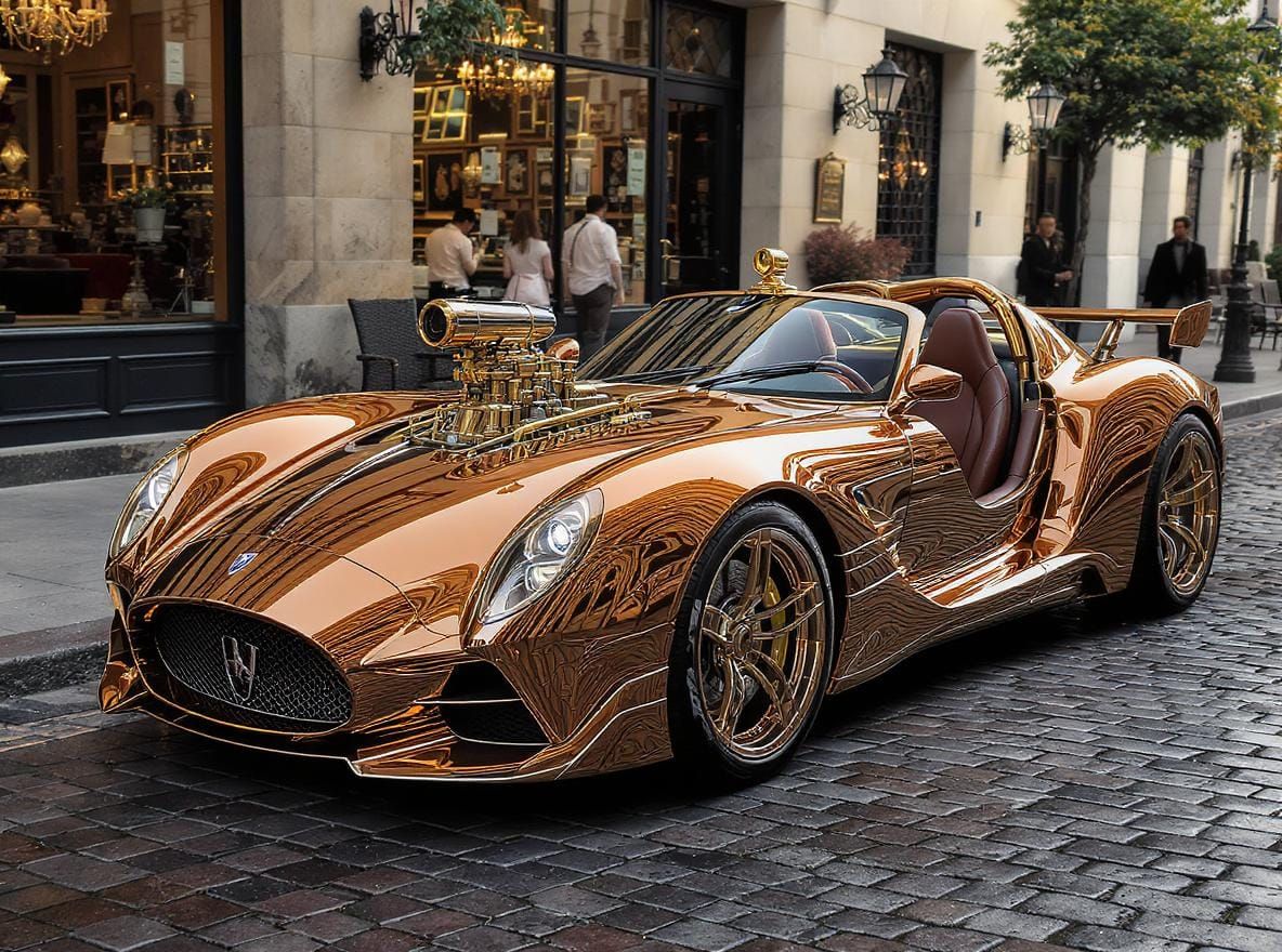 Copper Steampunk Car on Cobblestone Street