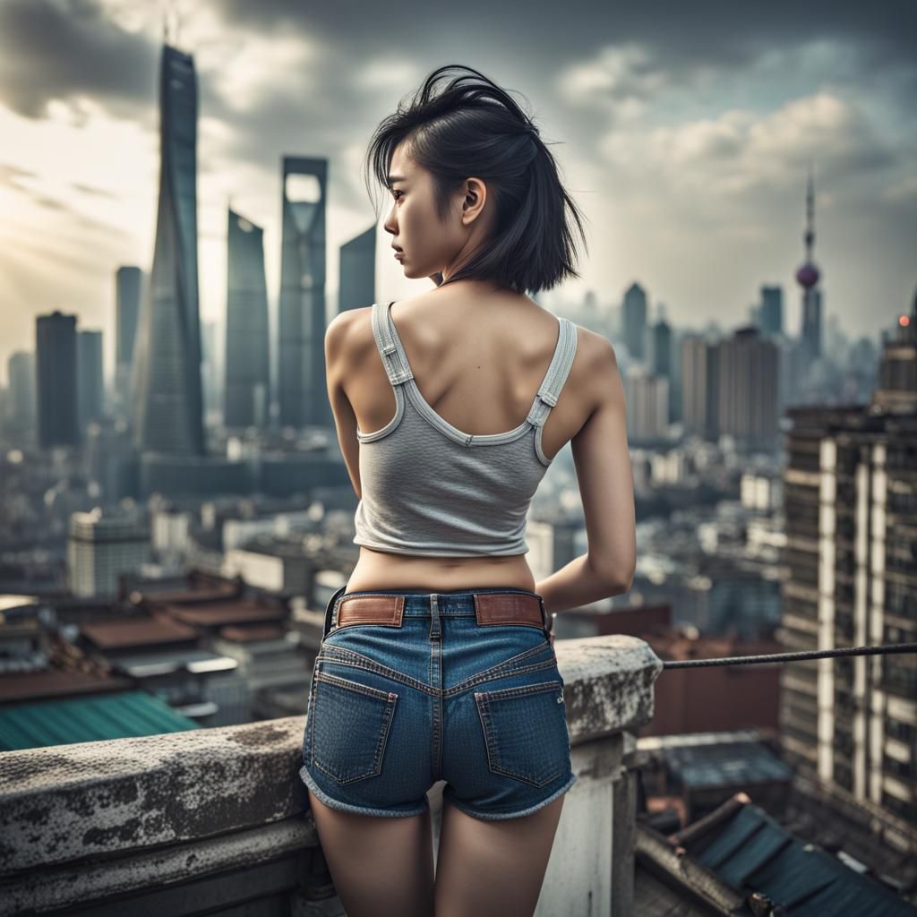 Chinese Girl on Shanghai Rooftop in HDR