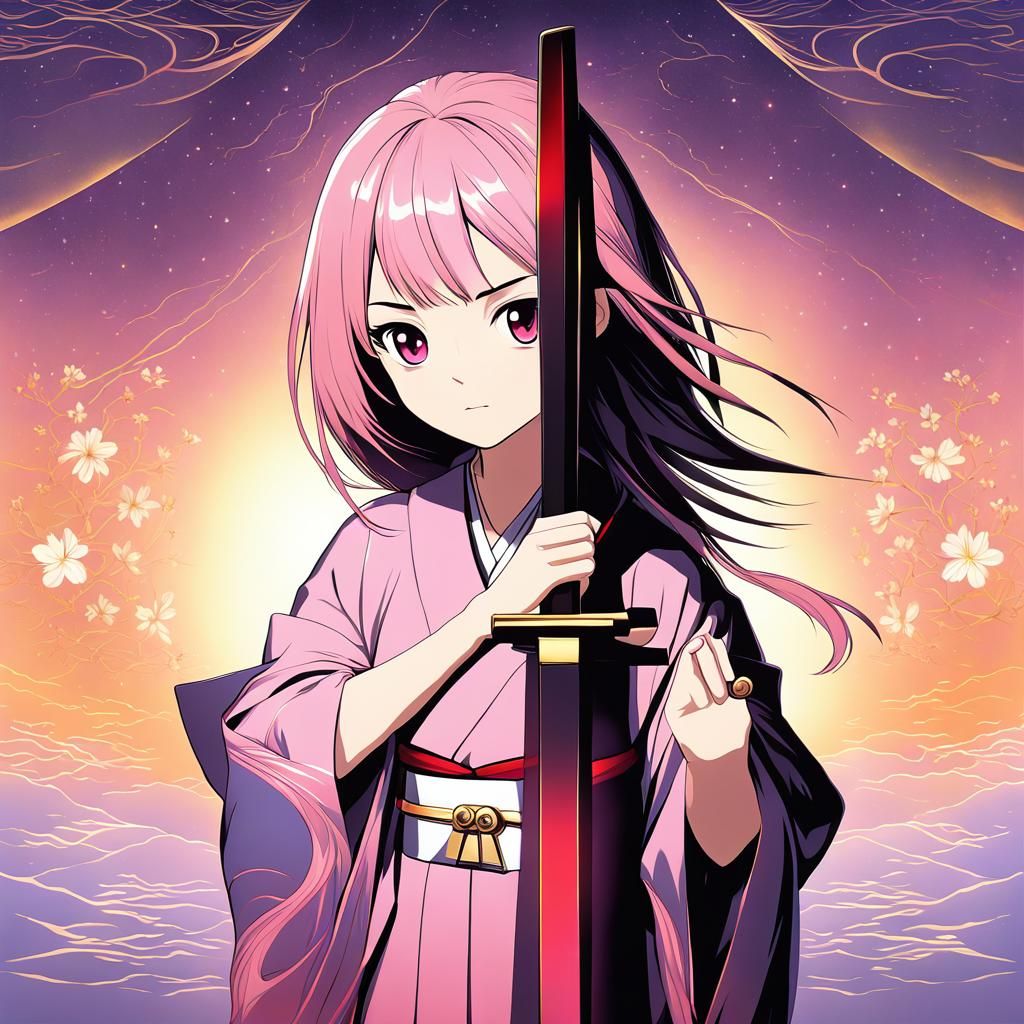 Anime Girl with Sword in Pink Kimono, 3D Render