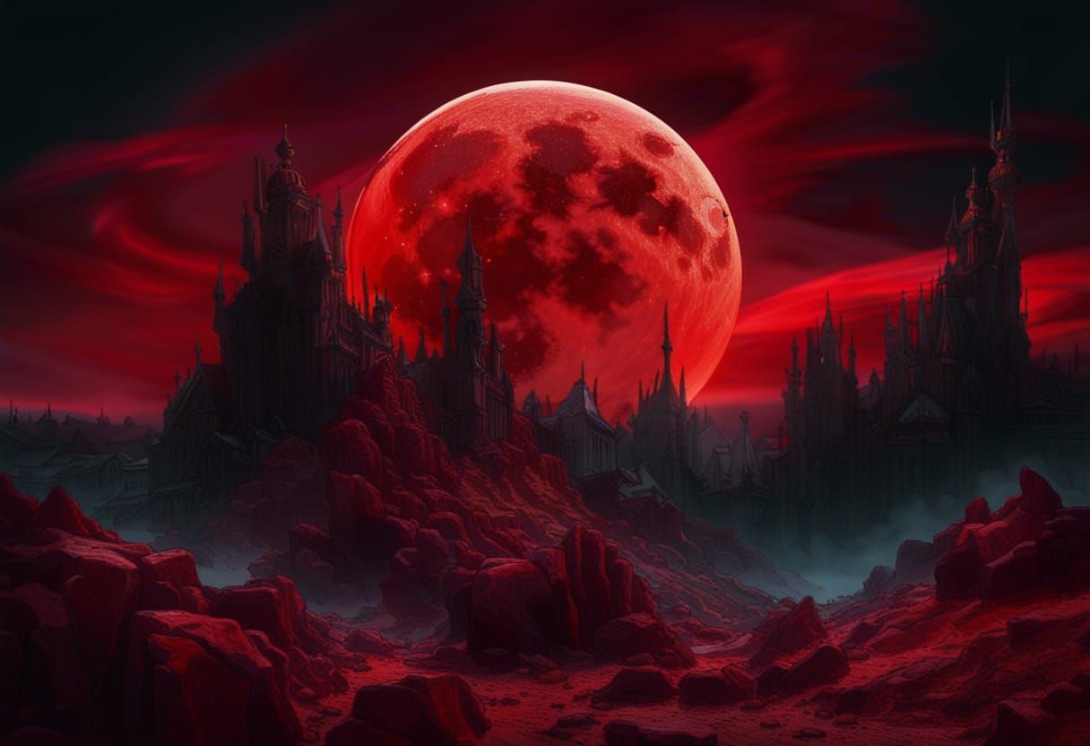 Crimson Moon Eclipse in a Fantastical World