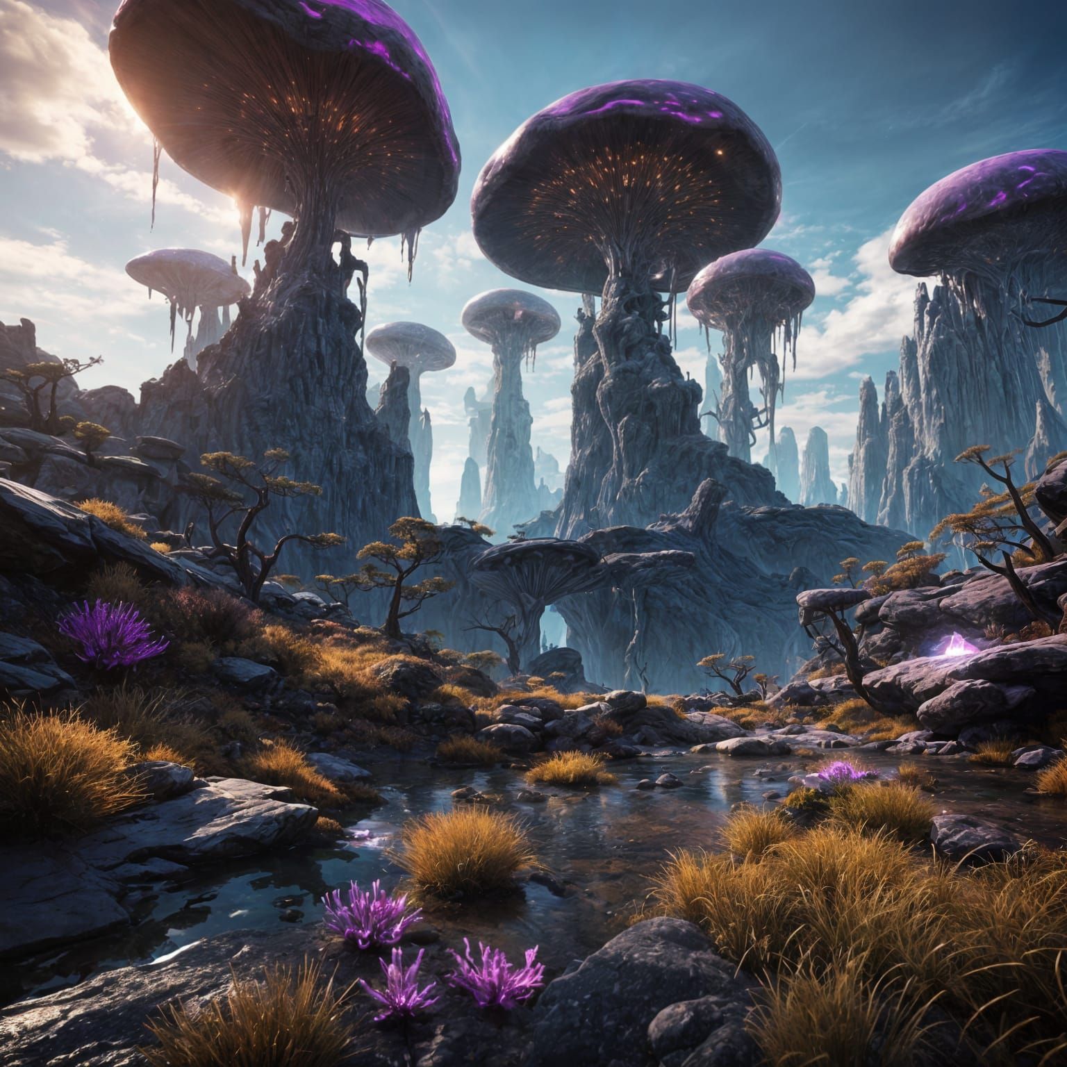 Alien Landscape with Bioluminescent Crystals and Twin Suns