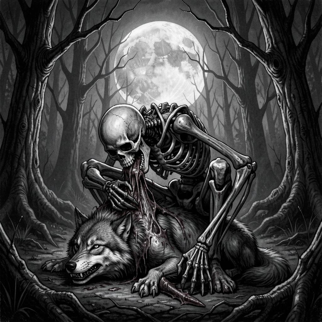 Menacing Skeleton Devours Wolf in Moonlit Forest
