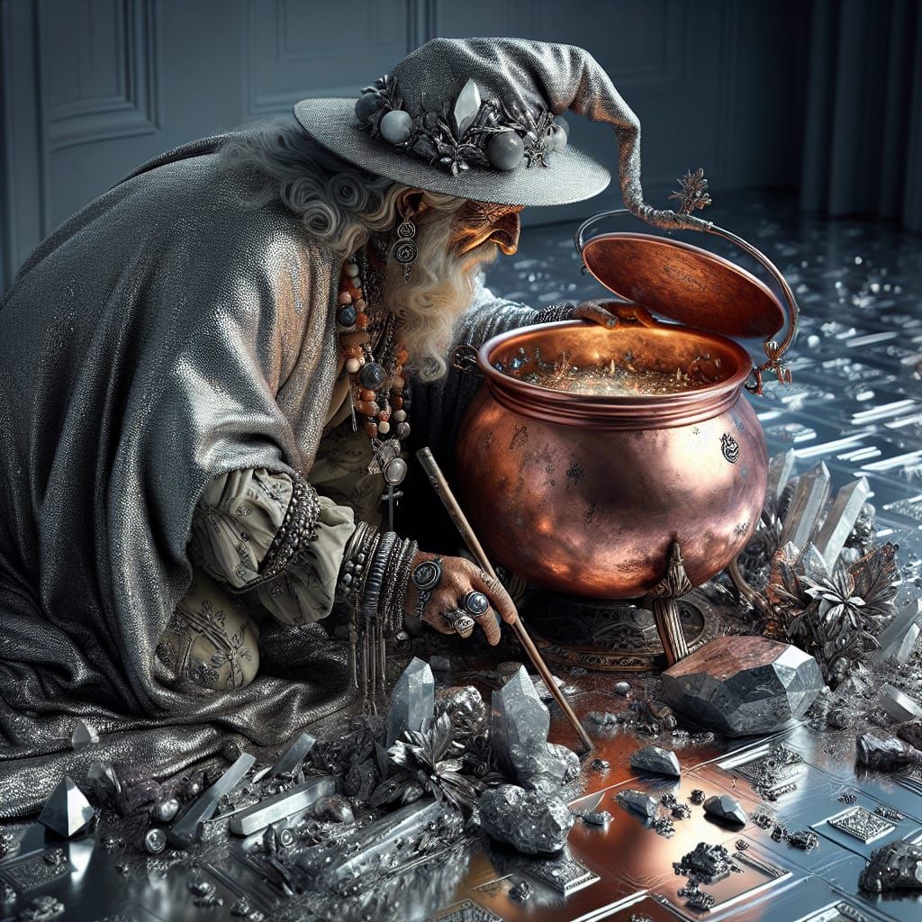 Cyber Witch in Metallic Attire Searches for Mystical Presage...