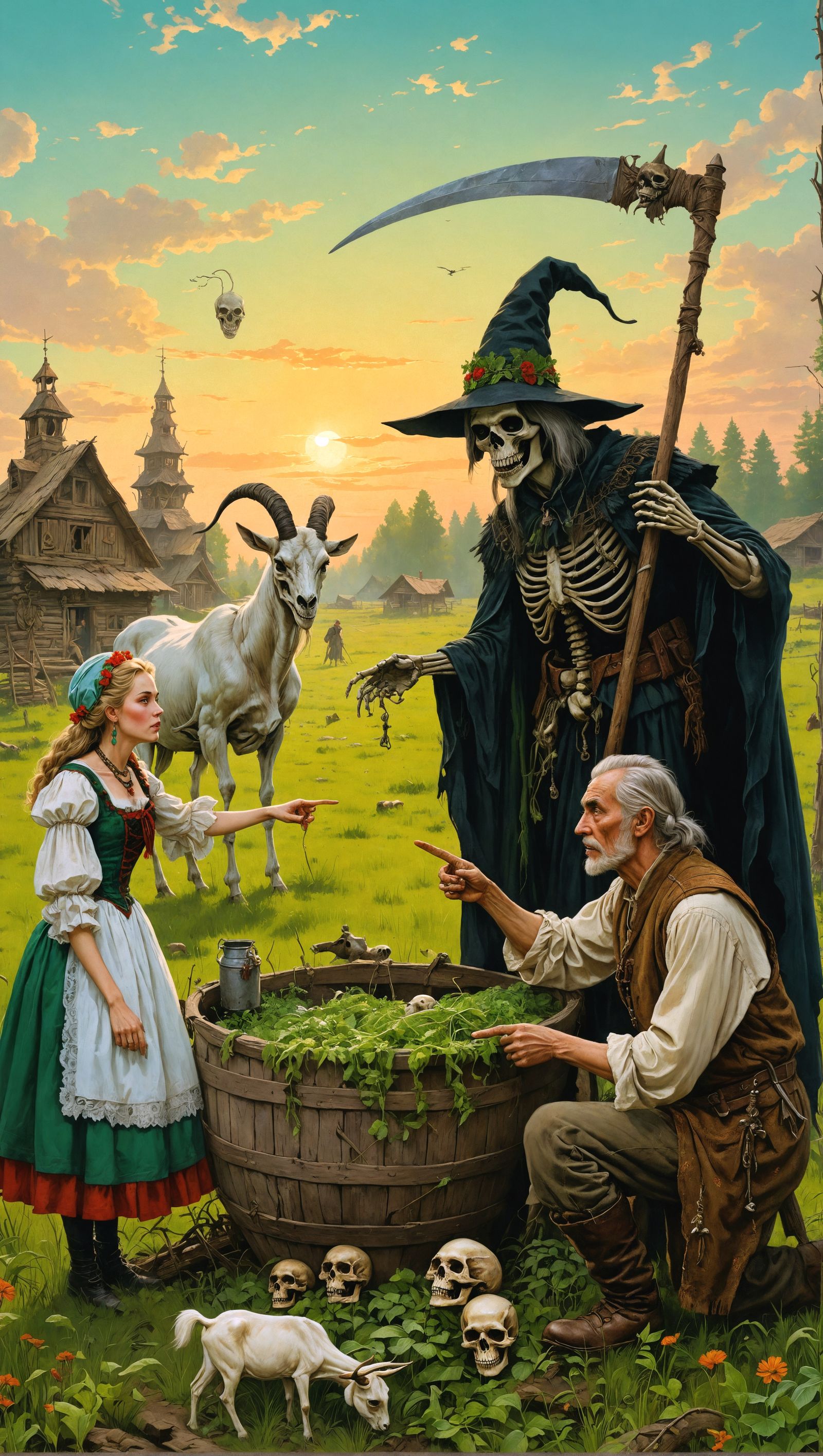 Russian Fairytale Scene: Baba Yaga, Skeleton, and Rural Farm...