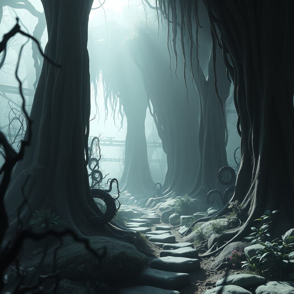 Mysterious, Dark Elegance Garden in Cyberpunk Style