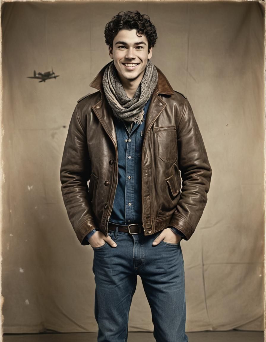 Boy in Aviator Jacket at Airfield