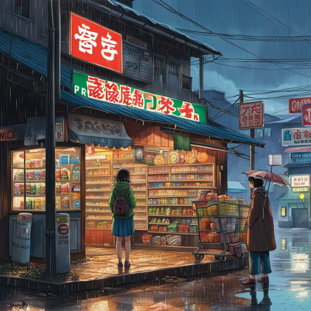 Rainy Day Anime Scene at Rural Store
