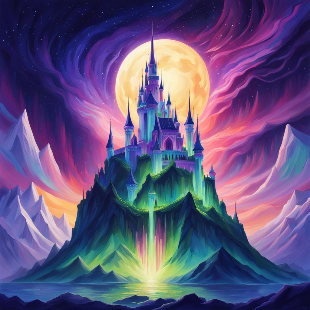 Majestic Crystal Castle Under Aurora Borealis