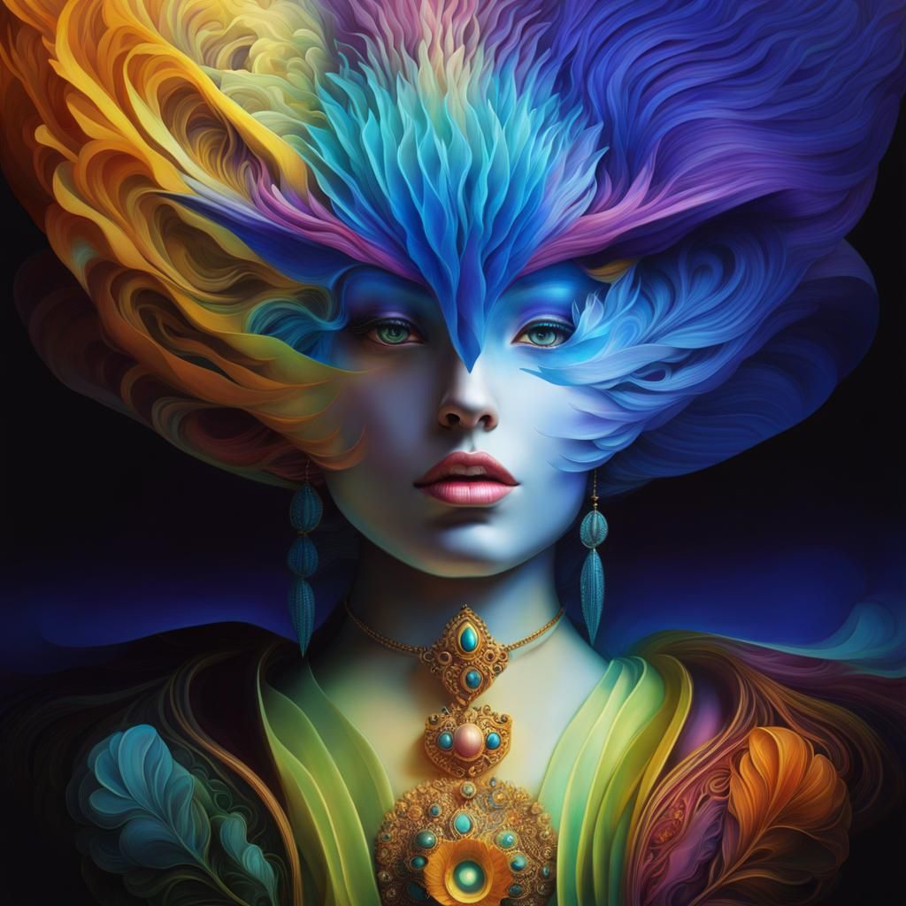 Symmetrical Being with Wavy Hair in Solarpunk Style