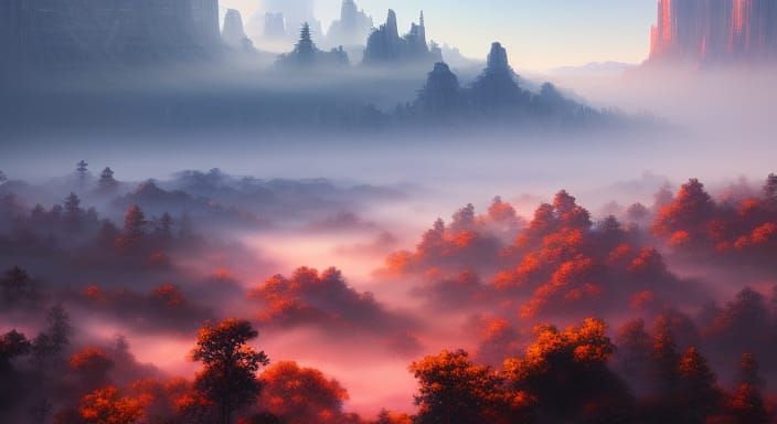 Ethereal Canyonlands: Mist and Fire Trees