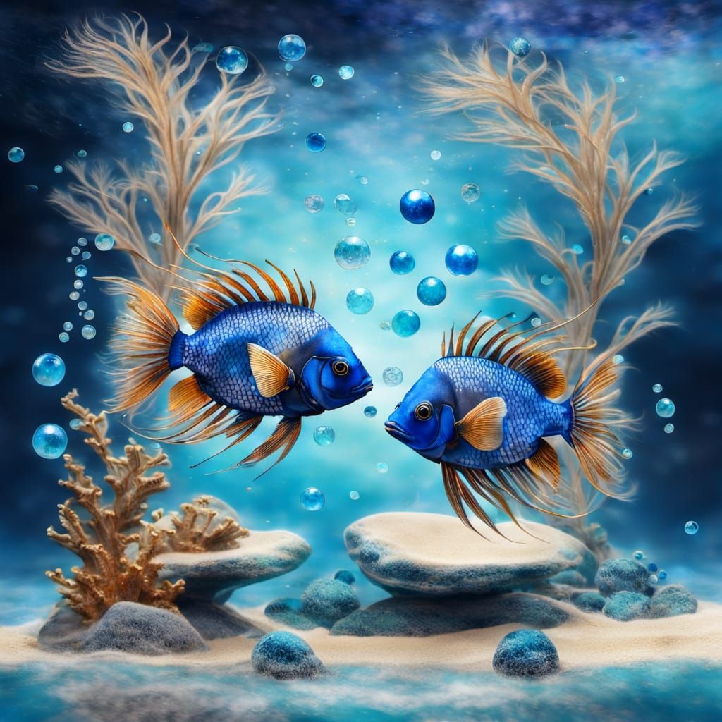 Blue Fantasy Fish with Coral in Nebula Background