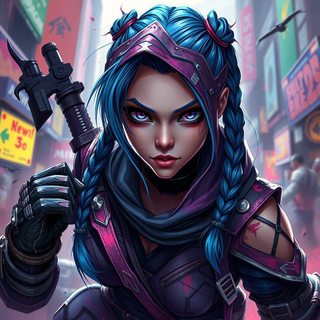 Edgy Dark Assassin with Blue Braids in Digital Art