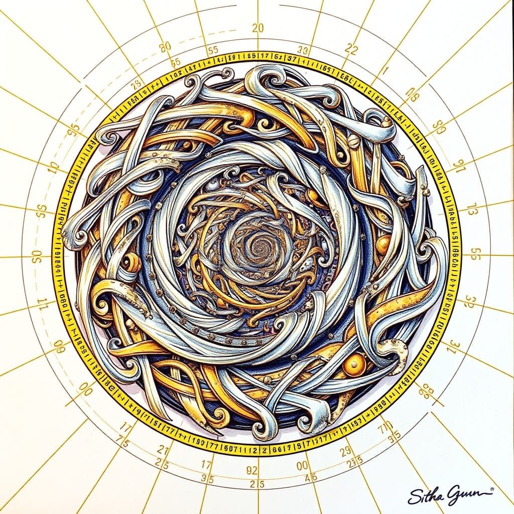 Swirling Fibonacci Sequence in Silver and Gold Hues