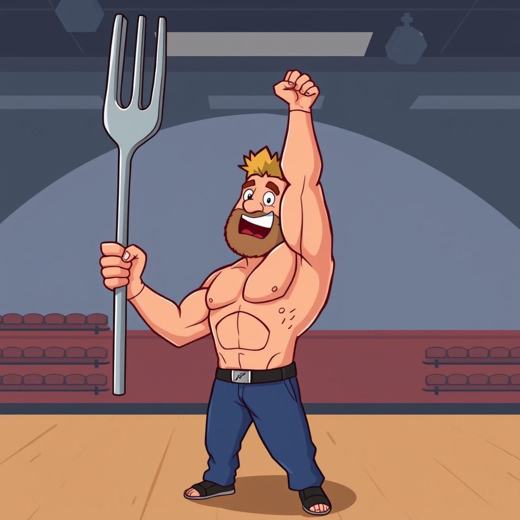 Muscular Man Lifts Giant Fork in Gym