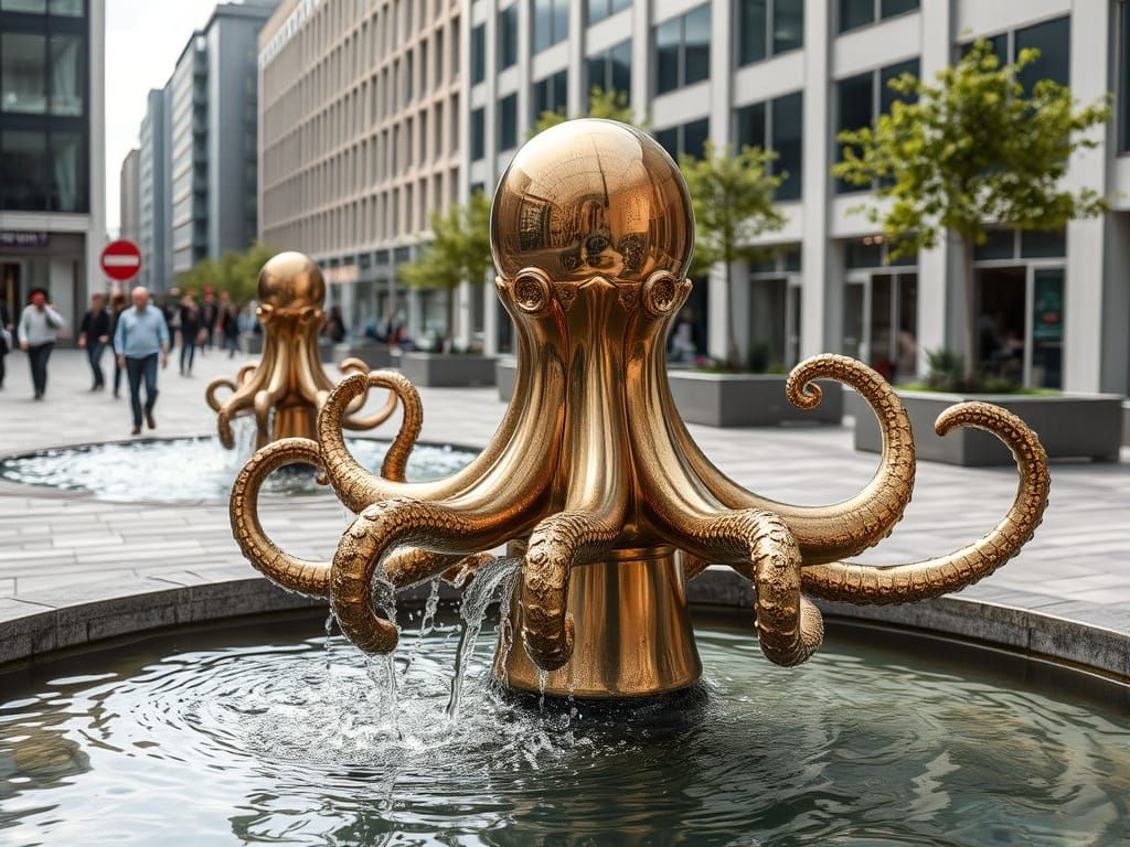 Octopus Fountains in Modern City, Professional Photography