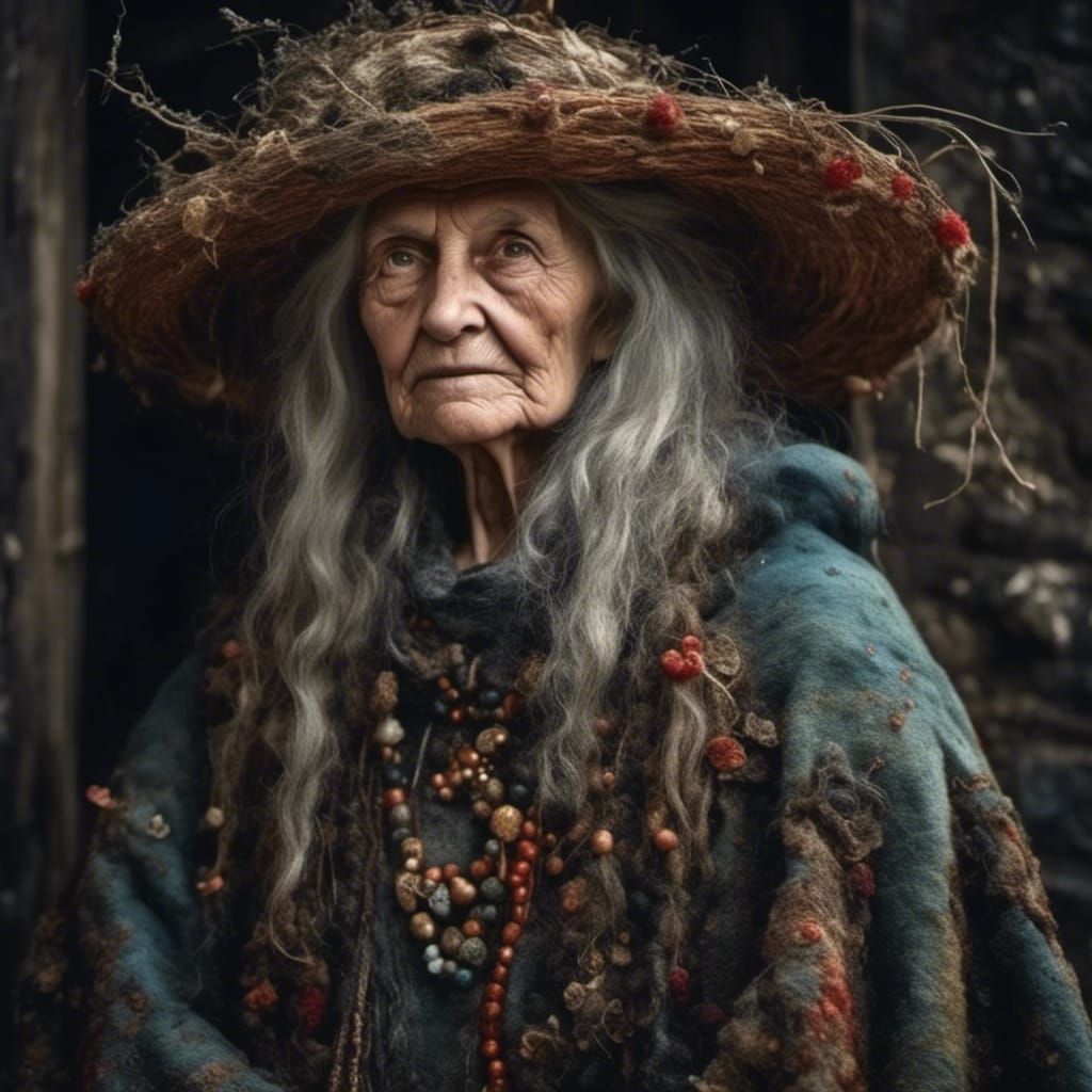 Old Witch with Rat Nest Hat in Dark Fantasy
